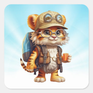 Pegatina Cuadrada Jugoso cubo de tigre con mochila y café