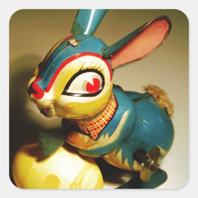 Pegatina Cuadrada juguete de conejo y huevo amarillo de pascua (Anverso)