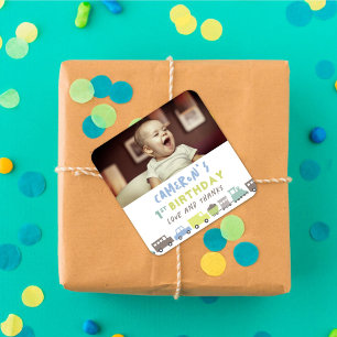 Pegatina Cuadrada Juguetes Para Niños Transporte Foto Cumpleaños Fie