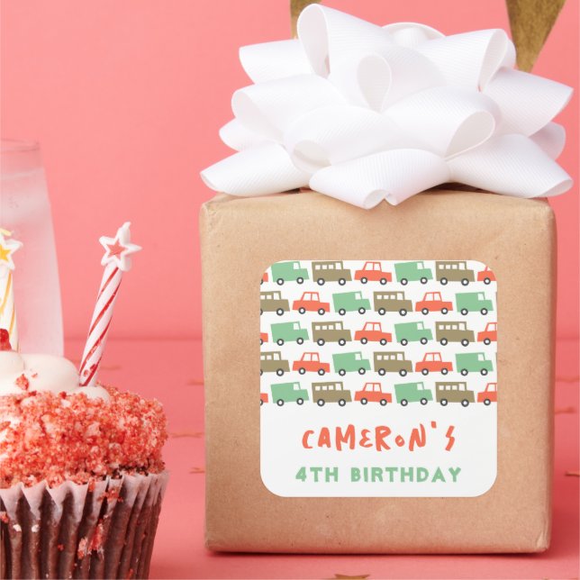 Pegatina Cuadrada Juguetes retro Transporte divertido Fiesta de cump (Fiesta)