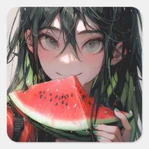 Pegatina Cuadrada Juicy Summer Watermelon Anime Chica