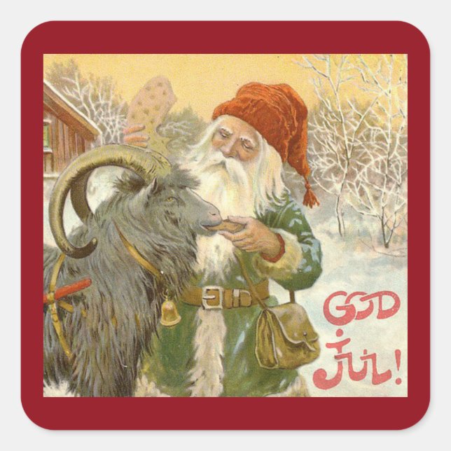 Pegatina Cuadrada Jultomten alimenta a Yule Goat con una galleta (Anverso)