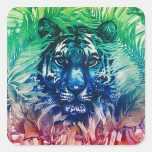 Pegatina Cuadrada Jungla de viajes Hojas Tropicales de Tigres Salvaj