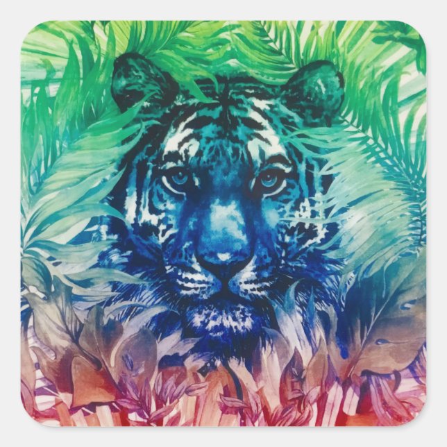 Pegatina Cuadrada Jungla de viajes Hojas Tropicales de Tigres Salvaj (Anverso)
