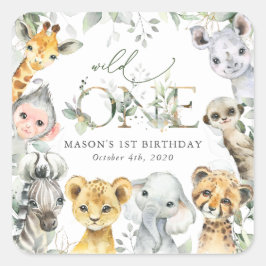 Pegatina Cuadrada Jungle Animals, Safari, Wild One, First Birthday