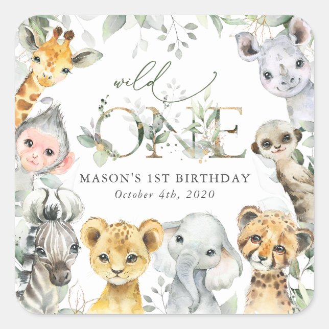 Pegatina Cuadrada Jungle Animals, Safari, Wild One, First Birthday (Anverso)