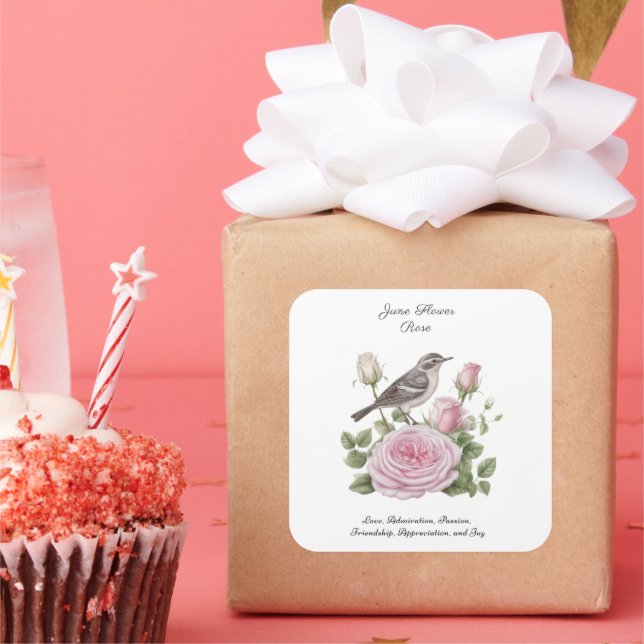 Pegatina Cuadrada Junio Mes de Nacimiento Rosa de Flores Elegante Cu (Fiesta)