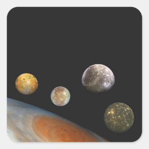 Pegatina Cuadrada Júpiter y cuatro lunas satélites Galileas