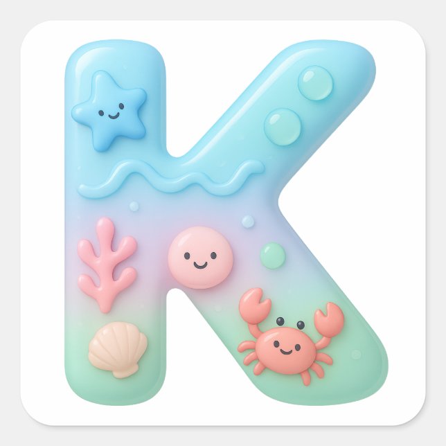 Pegatina Cuadrada "K" Cute Letter - Underwater Sea Creatures  (Anverso)