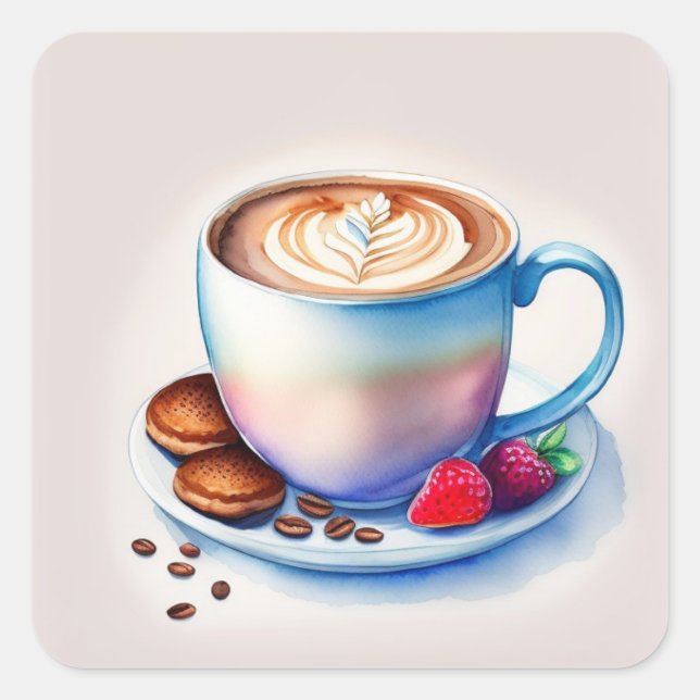 Pegatina Cuadrada Kaffeetasse Aquarellmalerei (Anverso)