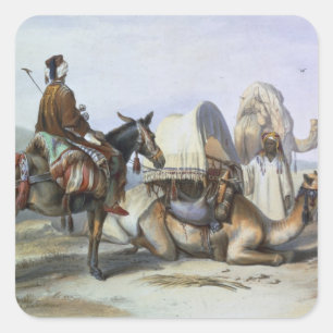 Pegatina Cuadrada Kafila con un camello que lleva a Hodesh, ilustrac