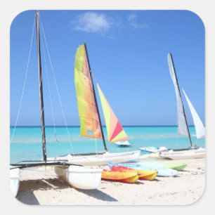 Pegatina Cuadrada Kajaks, catamaranes y playa cubana del Kayaks