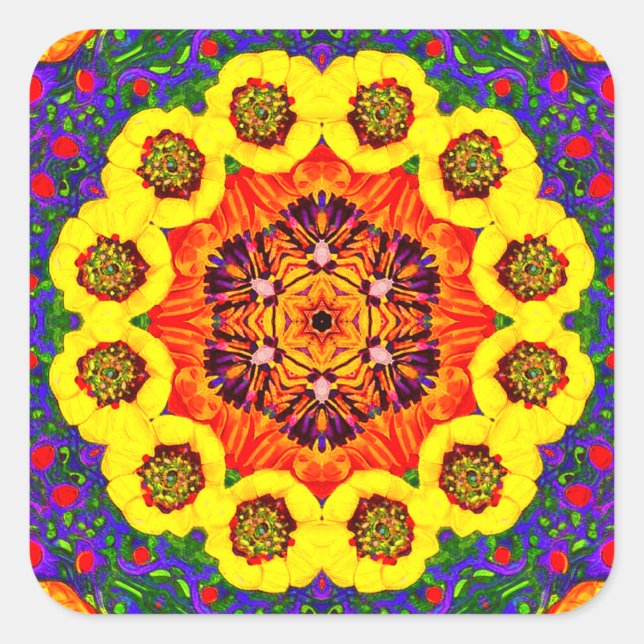 Pegatina Cuadrada Kaléidoscope de fleurs dorées (Anverso)