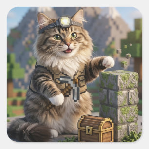 Pegatina Cuadrada KAM KAM El Explorador De Voxel Arte De Gato Gamer
