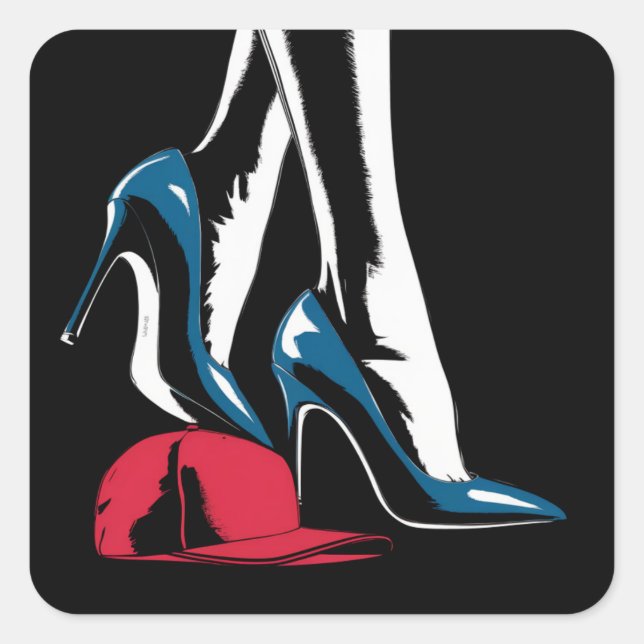 Pegatina Cuadrada Kamala Harris Heels pisando el Gorra de Maga (Anverso)