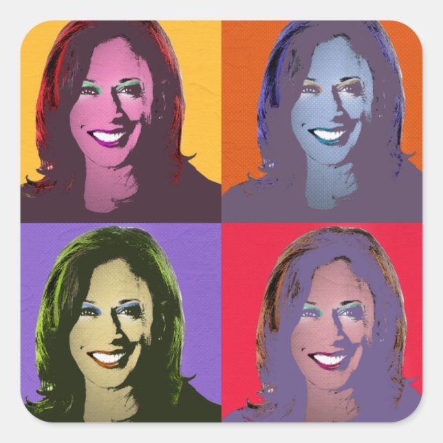 Pegatina Cuadrada Kamala Harris Pop Art (amarillo, Naranja, morado,  (Anverso)