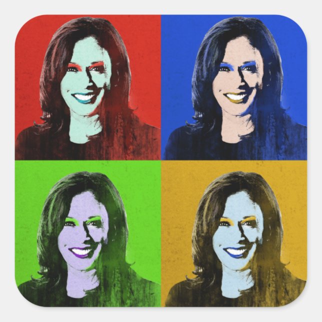 Pegatina Cuadrada Kamala Harris Pop Art (Rojo, Azul, Verde, Amarillo (Anverso)