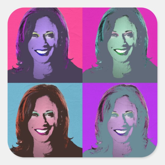 Pegatina Cuadrada Kamala Harris Pop Art (rosa, magenta, azul, púrpur (Anverso)
