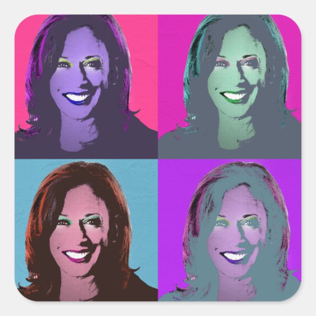 Pegatina Cuadrada Kamala Harris Pop Art (rosa, magenta, azul, púrpur (Anverso)