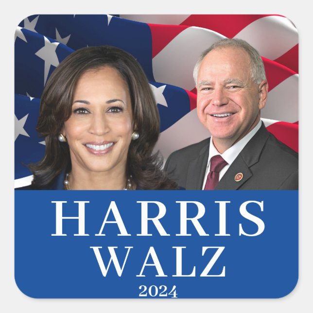 Pegatina Cuadrada Kamala Harris Y Tim Walz 2024 (Anverso)