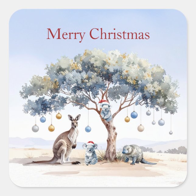 Pegatina Cuadrada Kangaroo Koalas Platypus Christmas Gumtree Baubles (Anverso)