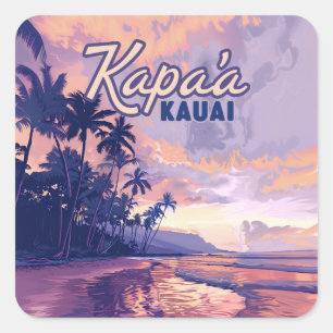 Pegatina Cuadrada Kapaa Kauai Hawaii Beach Sunset Palm Tree Retro