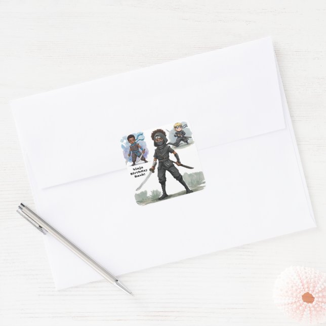 Pegatina Cuadrada Karate Ninja Boy Bash de cumpleaños (Sobre)