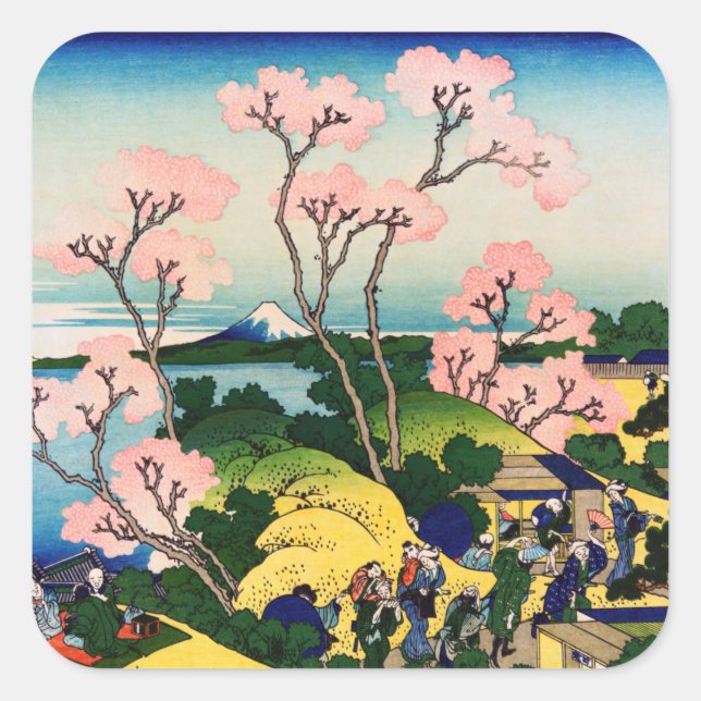 Pegatina Cuadrada Katsushika Hokusai - Gotenyama, Tokaido, Shinagawa (Anverso)