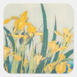 Pegatina Cuadrada Katsushika Hokusai - Grasshopper e Iris