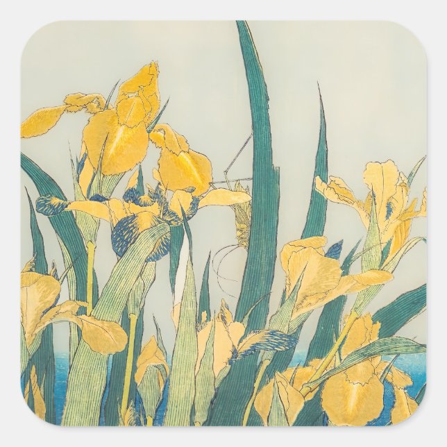 Pegatina Cuadrada Katsushika Hokusai - Grasshopper e Iris (Anverso)