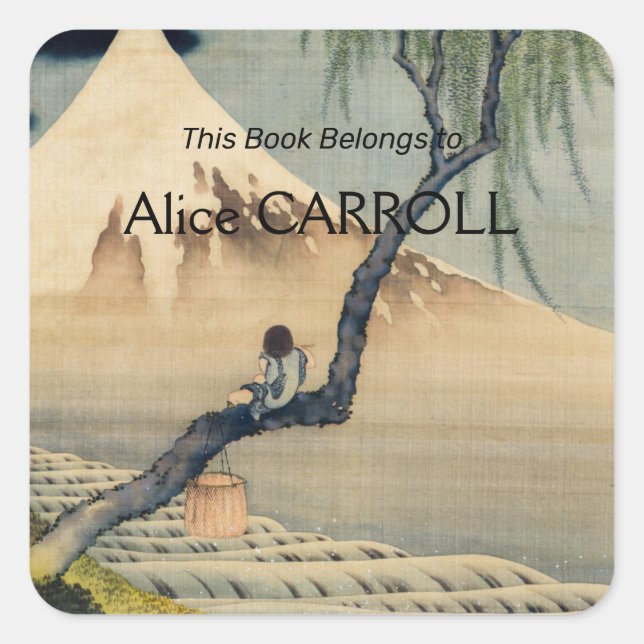 Pegatina Cuadrada Katsushika Hokusai - Muchacho viendo el Monte Fuji (Anverso)