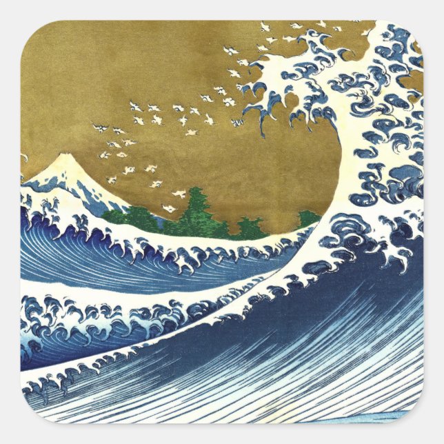 Pegatina Cuadrada Katsushika Hokusai - Ola grande de color (Anverso)
