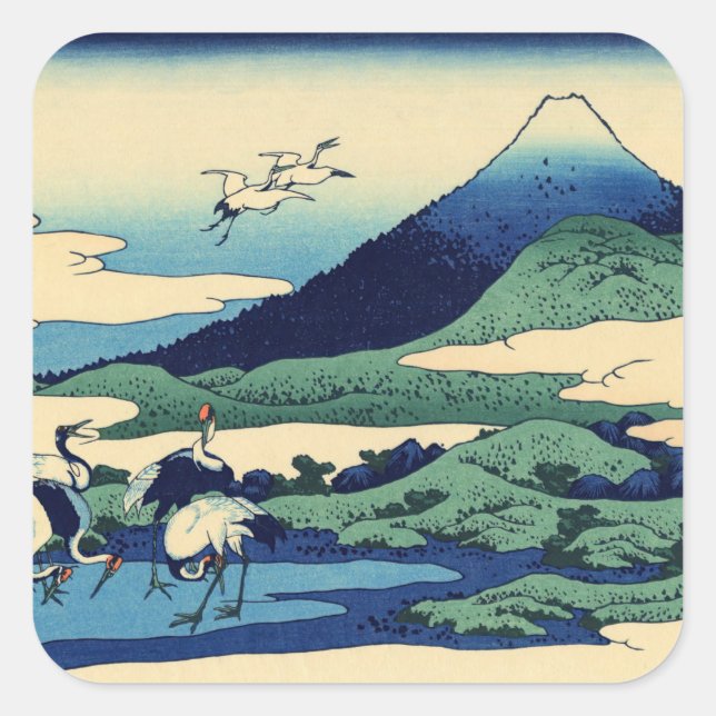 Pegatina Cuadrada Katsushika Hokusai - Umegawa en la provincia de Sa (Anverso)