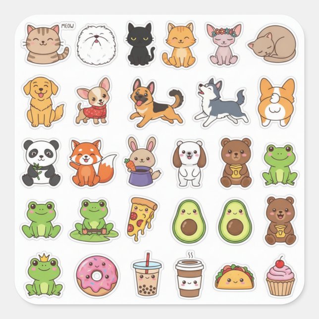 Pegatina Cuadrada Kawaii Animals & Food Lover's Sticker Set (Anverso)