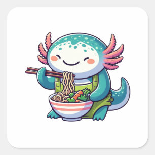Pegatina Cuadrada Kawaii Axolotl comiendo Ramen