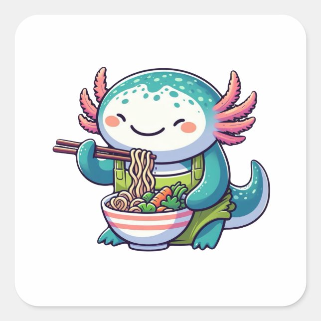 Pegatina Cuadrada Kawaii Axolotl comiendo Ramen (Anverso)