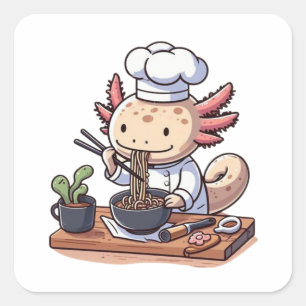 Pegatina Cuadrada Kawaii Axolotl comiendo Ramen