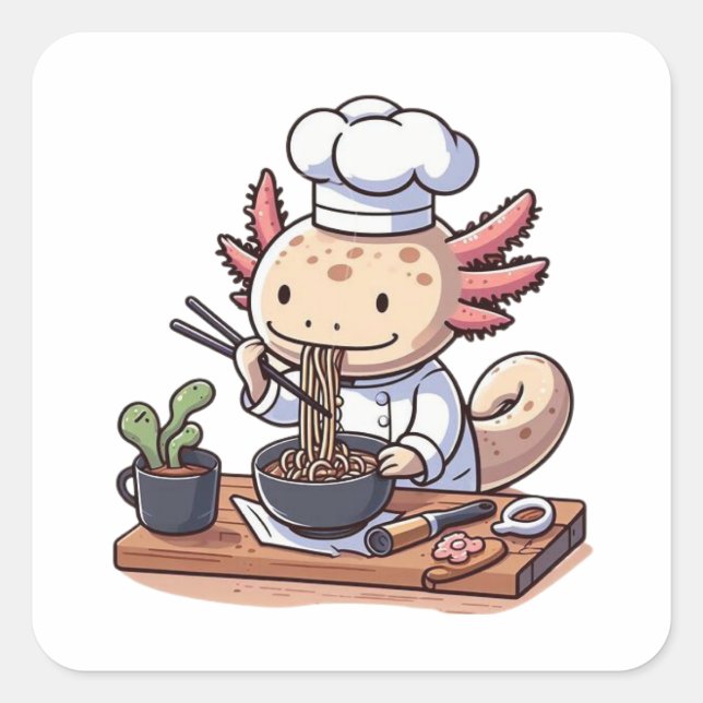 Pegatina Cuadrada Kawaii Axolotl comiendo Ramen (Anverso)