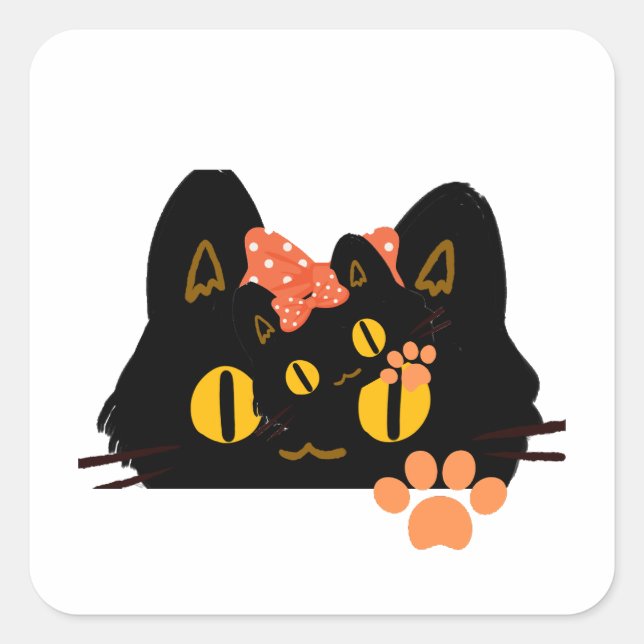 Pegatina Cuadrada Kawaii Black Cat Peekaboo Art with Bow (Anverso)