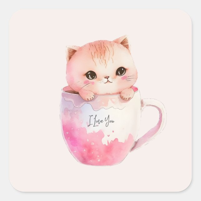 Pegatina Cuadrada Kawaii Blushing Pink Chibi Cat (Anverso)