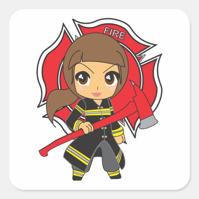 Pegatina Cuadrada Kawaii Brunette Chica de bomberos - (Anverso)