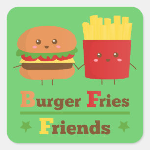 Pegatina Cuadrada Kawaii Cartoon Hamburguesa Patatas Amigas BFF