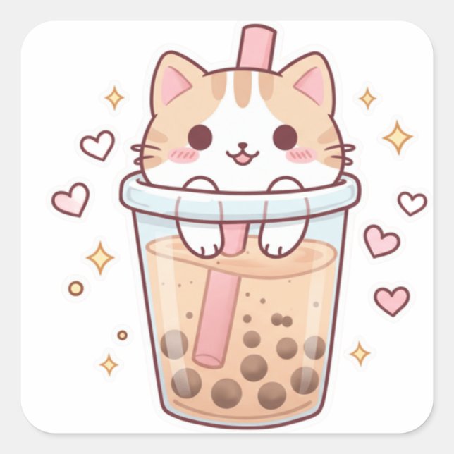 Pegatina Cuadrada Kawaii Cat in Boba Cup Sticker – So Cute! (Anverso)