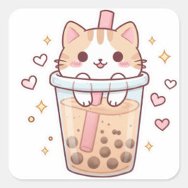 Pegatina Cuadrada Kawaii Cat in Boba Cup Sticker – So Cute!