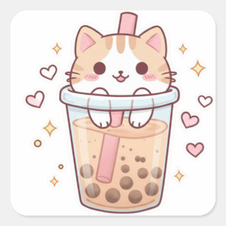 Pegatina Cuadrada Kawaii Cat in Boba Cup Sticker – So Cute!
