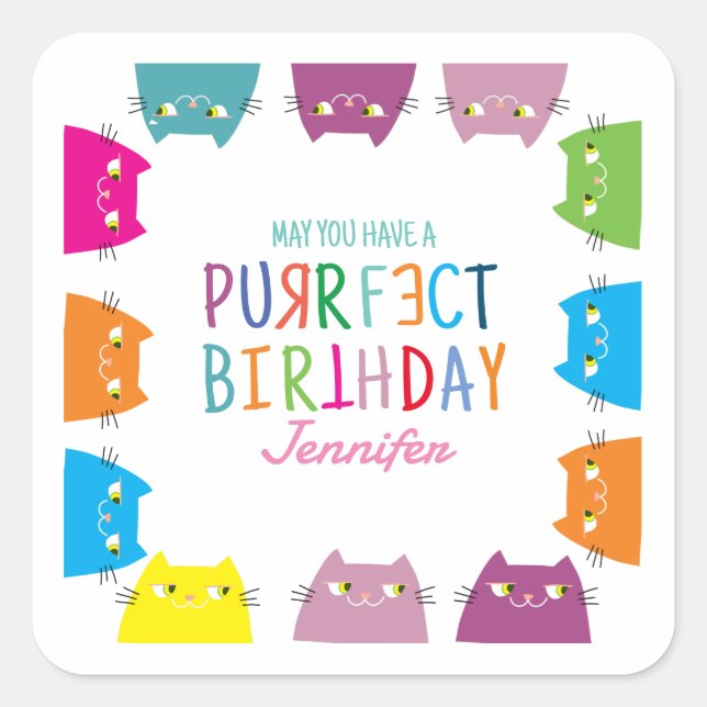 Pegatina Cuadrada Kawaii Cat Lover Cumpleaños (Anverso)