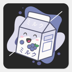 Pegatina Cuadrada Kawaii Cow Retro Leche japonesa de arándano azul