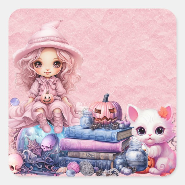 Pegatina Cuadrada Kawaii Cute Pink Halloween (Anverso)