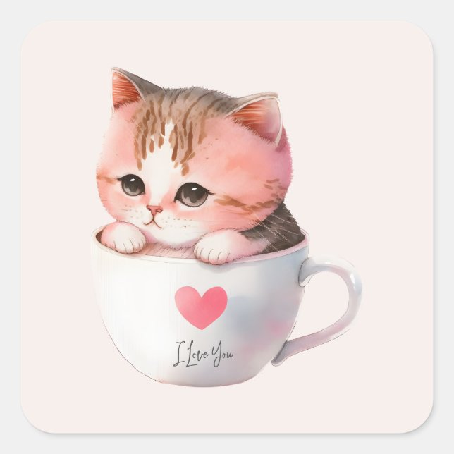Pegatina Cuadrada Kawaii Cute Strite Pink Chibi Cat (Anverso)