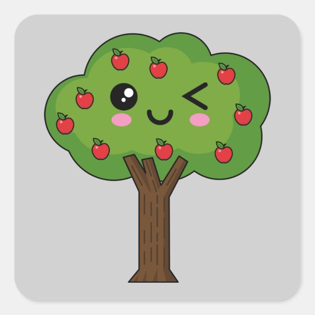 Pegatina Cuadrada Kawaii feliz árbol de manzanas (Anverso)